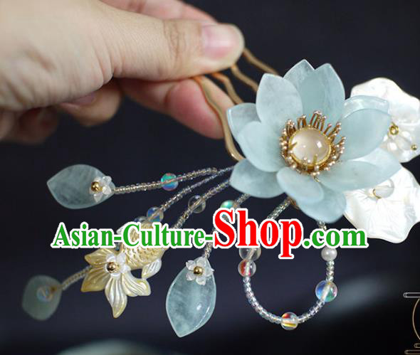 Chinese Ancient Princess Beads Shell Goldfish Hairpin Traditional Ming Dynasty Aquamarine Lotus Hair Comb