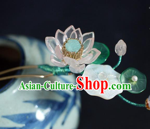Chinese Ancient Princess Shell Hairpin Traditional Ming Dynasty Pink Lotus Hair Stick