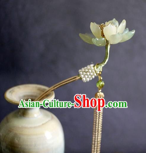 Chinese Ancient Princess Jade Lotus Tassel Hairpin Traditional Ming Dynasty Pearls Hair Stick