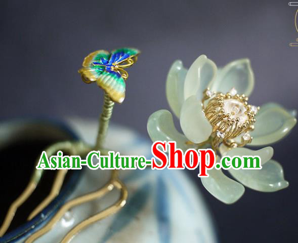 Chinese Ancient Young Beauty Jade Lotus Hairpin Traditional Ming Dynasty Cloisonne Butterfly Hair Comb