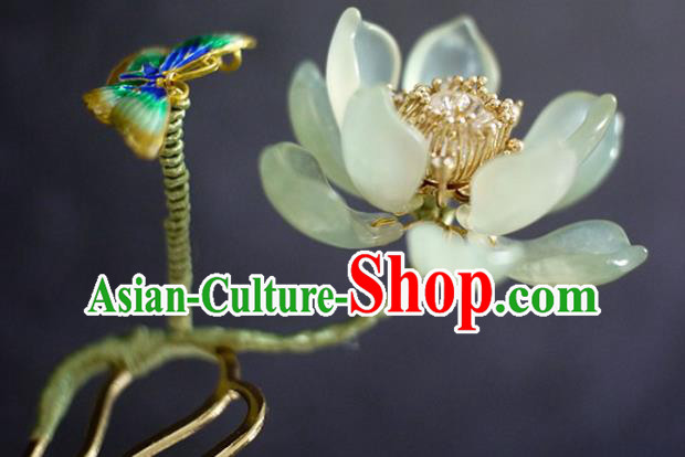 Chinese Ancient Young Beauty Jade Lotus Hairpin Traditional Ming Dynasty Cloisonne Butterfly Hair Comb