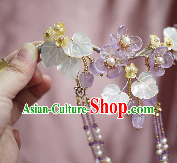 Chinese Ancient Palace Lady Shell Leaf Tassel Hairpin Traditional Song Dynasty Amethyst Flowers Hair Stick