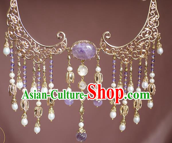 Chinese Traditional Ming Dynasty Pearls Tassel Necklace Accessories Ancient Princess Amethyst Necklet