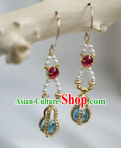 China Handmade Pearls Earrings Traditional Ming Dynasty Empress Golden Gourd Ear Jewelry