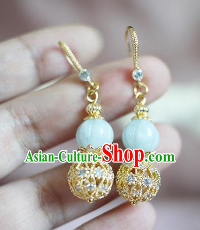 China Traditional Ming Dynasty Court Woman Golden Ear Jewelry Handmade Jadeite Earrings