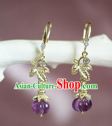 China Traditional Tang Dynasty Princess Ear Jewelry Handmade Violet Fluorite Pumpkin Earrings
