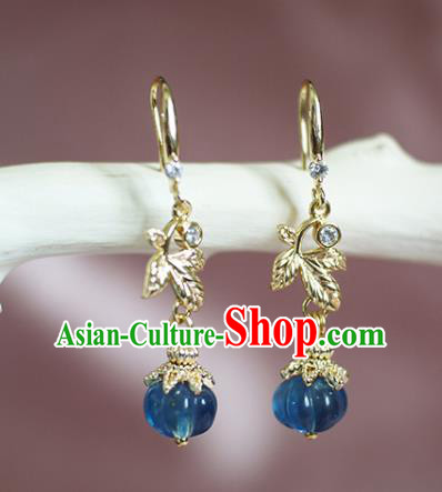 China Handmade Blue Fluorite Pumpkin Earrings Traditional Tang Dynasty Princess Ear Jewelry