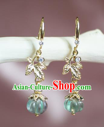 China Handmade Green Pumpkin Earrings Traditional Ming Dynasty Princess Golden Leaf Ear Jewelry