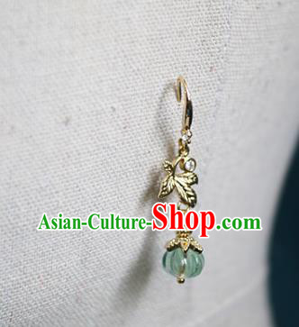 China Handmade Green Pumpkin Earrings Traditional Ming Dynasty Princess Golden Leaf Ear Jewelry