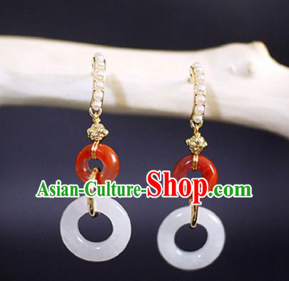 China Handmade Agate Earrings Traditional Cheongsam Jade Peace Buckle Ear Jewelry