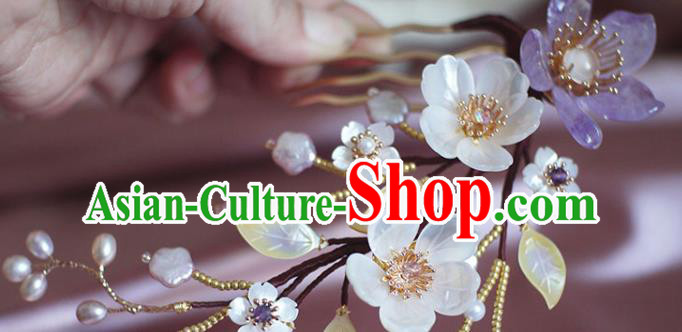 Chinese Ancient Princess Shell Flowers Hairpin Traditional Ming Dynasty Tassel Hair Comb