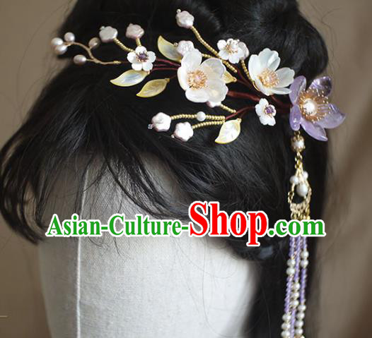Chinese Ancient Princess Shell Flowers Hairpin Traditional Ming Dynasty Tassel Hair Comb