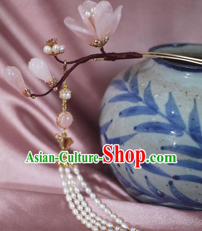 Chinese Ancient Court Beauty Rose Quartz Mangnolia Hairpin Traditional Ming Dynasty Pearls Tassel Hair Stick