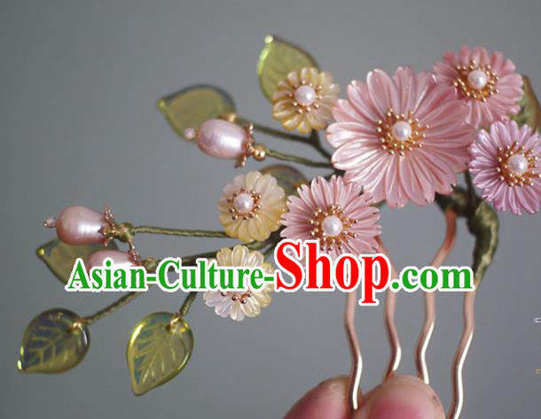 Chinese Ancient Princess Pearls Hairpin Traditional Ming Dynasty Pink Shell Daisy Hair Comb