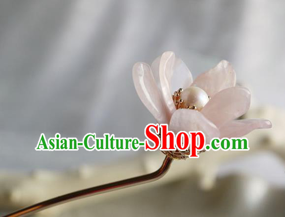 Chinese Ancient Young Beauty Hairpin Traditional Ming Dynasty Rose Quartz Mangnolia Hair Stick