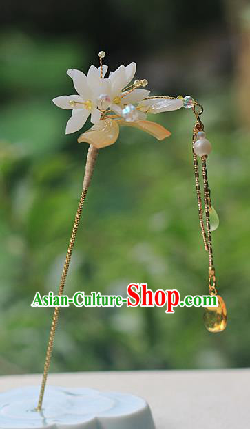 Chinese Traditional Ming Dynasty Flowers Hair Stick Ancient Young Lady Topaz Tassel Hairpin