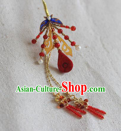 Chinese Traditional Ming Dynasty Butterfly Hair Stick Ancient Palace Lady Red Beads Tassel Hairpin