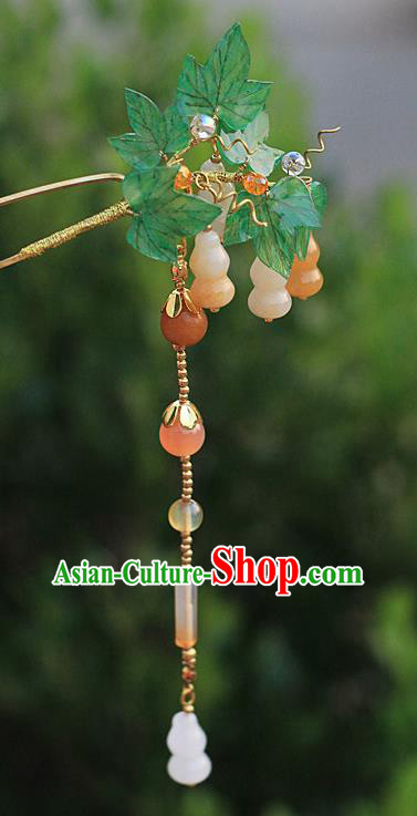 Chinese Ancient Court Lady Hairpin Traditional Ming Dynasty Jade Gourd Tassel Hair Stick