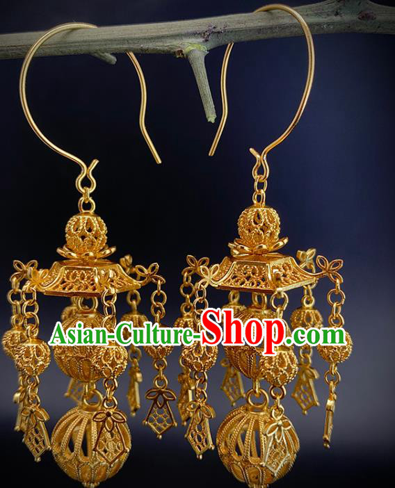 China Handmade Ancient Empress Earrings Traditional Ming Dynasty Golden Lantern Ear Jewelry