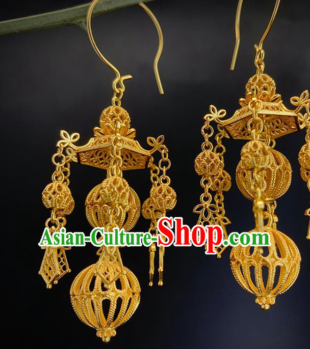 China Handmade Ancient Empress Earrings Traditional Ming Dynasty Golden Lantern Ear Jewelry