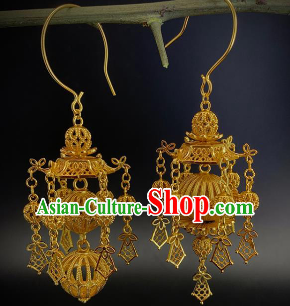 China Handmade Ancient Empress Earrings Traditional Ming Dynasty Golden Lantern Ear Jewelry