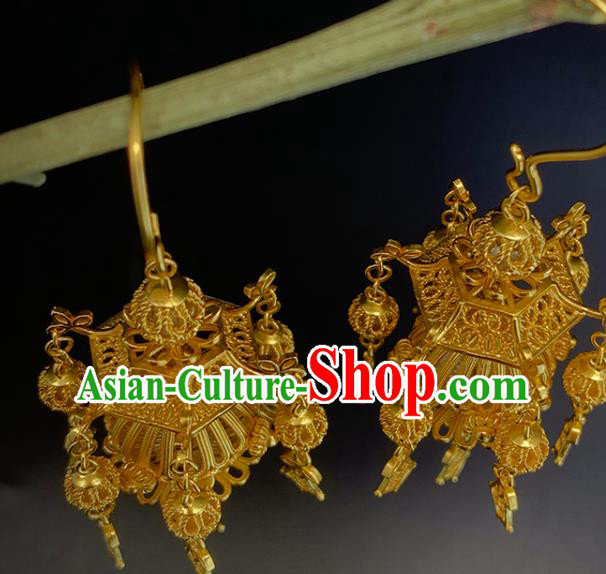 China Handmade Ancient Empress Earrings Traditional Ming Dynasty Golden Lantern Ear Jewelry