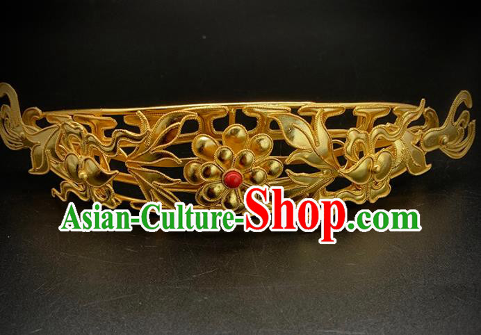 Chinese Traditional Ming Dynasty Court Hair Accessories Ancient Imperial Concubine Golden Peony Hair Crown