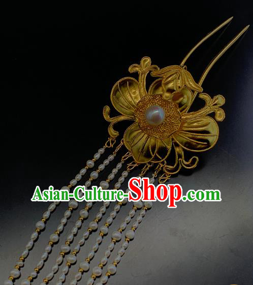 Chinese Traditional Ming Dynasty Pearls Tassel Hairpin Ancient Empress Golden Lotus Leaf Hair Stick