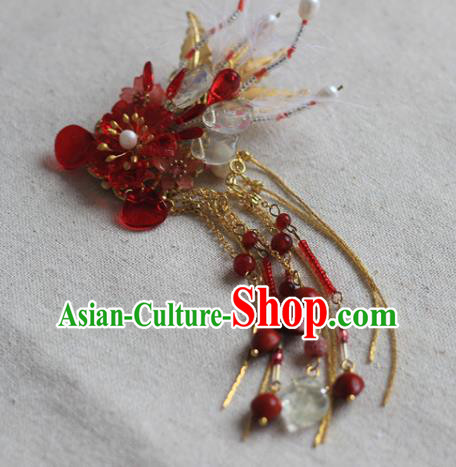 Chinese Ancient Young Beauty Beads Phoenix Hairpin Traditional Ming Dynasty Red Flowers Hair Claw