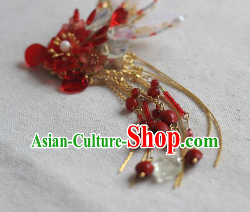 Chinese Ancient Young Beauty Beads Phoenix Hairpin Traditional Ming Dynasty Red Flowers Hair Claw