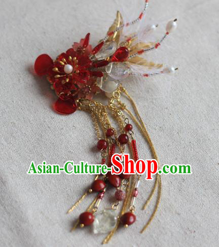Chinese Ancient Young Beauty Beads Phoenix Hairpin Traditional Ming Dynasty Red Flowers Hair Claw