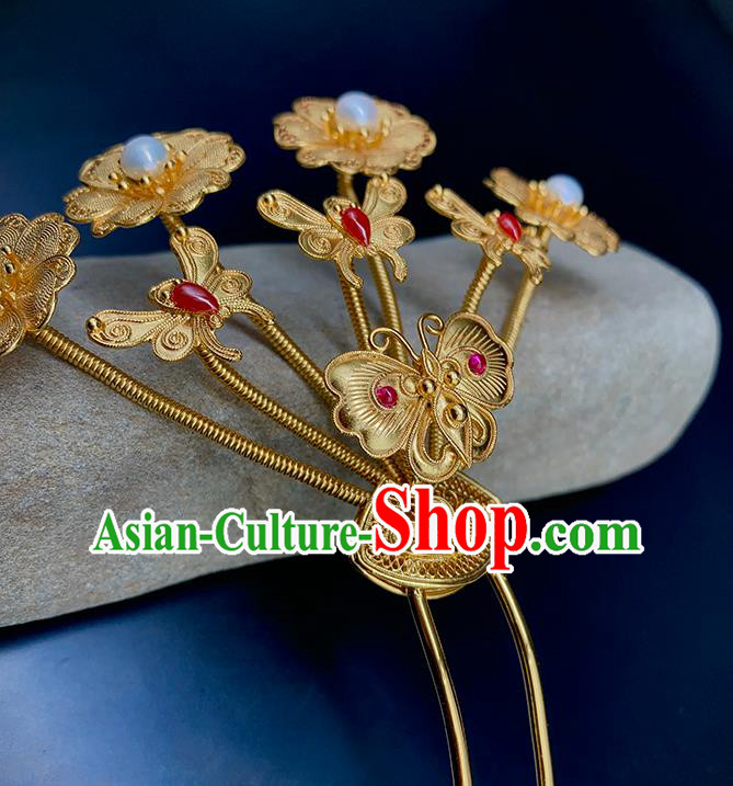 Chinese Traditional Ming Dynasty Wedding Pearls Hairpin Ancient Empress Golden Butterfly Hair Stick
