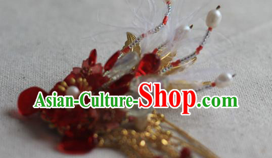 Chinese Ancient Young Beauty Beads Phoenix Hairpin Traditional Ming Dynasty Red Flowers Hair Claw