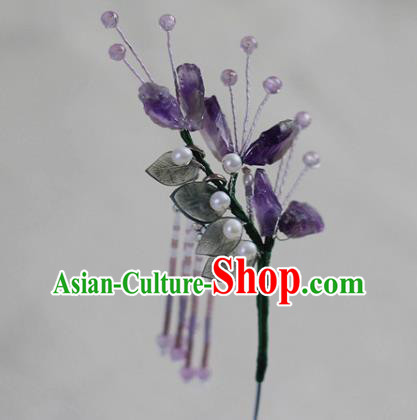 Chinese Ancient Princess Amethyst Hairpin Traditional Ming Dynasty Purple Beads Tassel Hair Clip