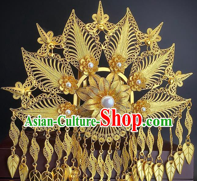 Chinese Ancient Court Woman Golden Tassel Hair Crown Traditional Ming Dynasty Pearls Hair Comb