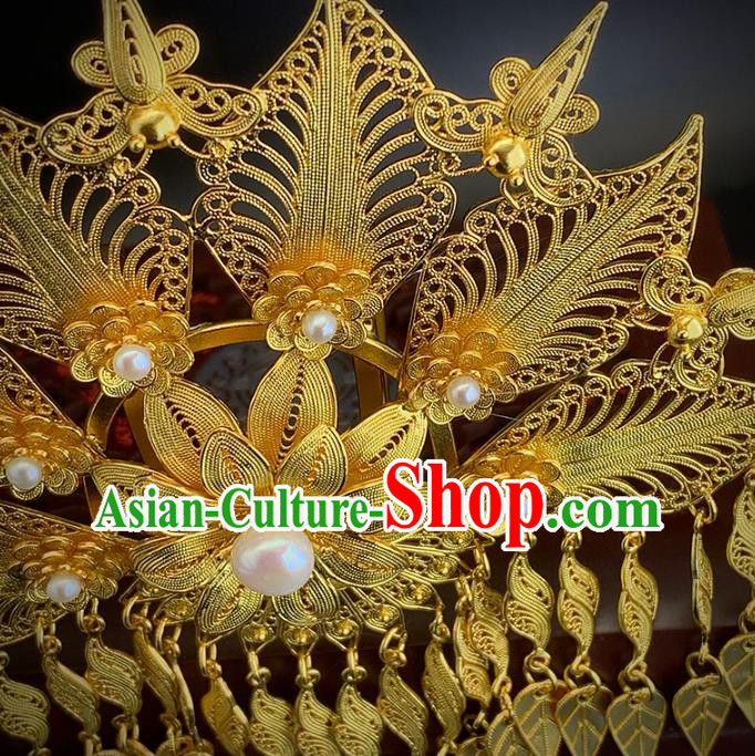 Chinese Ancient Court Woman Golden Tassel Hair Crown Traditional Ming Dynasty Pearls Hair Comb