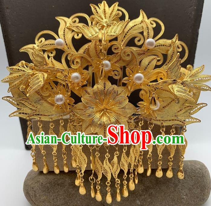 Chinese Ancient Queen Phoenix Coronet Traditional Ming Dynasty Golden Peony Tassel Hair Crown