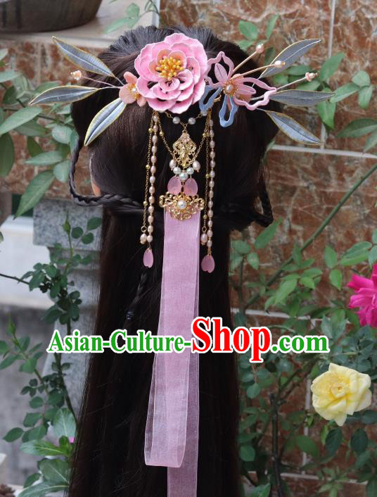 Chinese Ancient Young Beauty Ribbon Tassel Hairpin Traditional Ming Dynasty Princess Pink Silk Peony Hair Claw