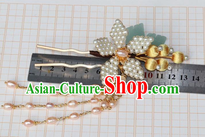 Chinese Ancient Palace Lady Peach Blossom Hairpin Traditional Ming Dynasty Princess Pearls Tassel Hair Stick