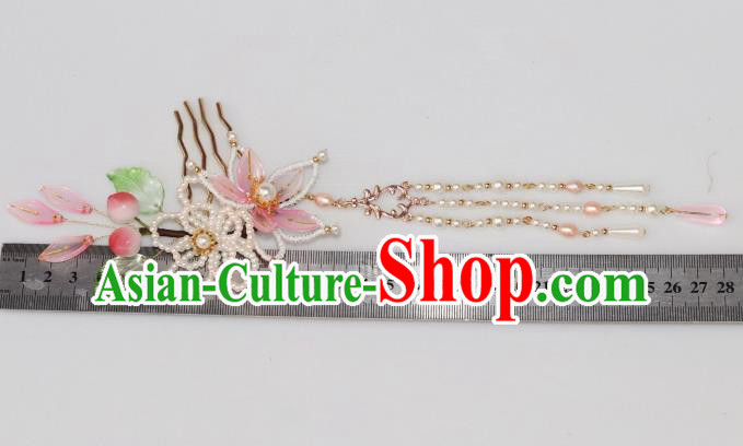Chinese Ancient Noble Lady Pearls Tassel Hairpin Traditional Ming Dynasty Princess Peach Blossom Hair Comb