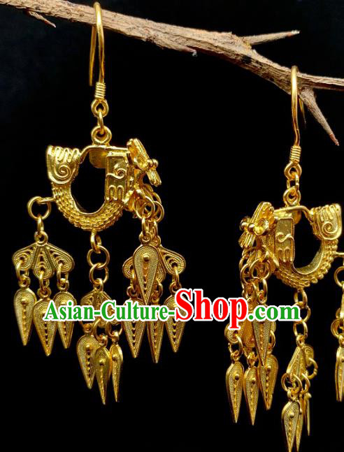 China Handmade Ancient Queen Earrings Traditional Ming Dynasty Golden Dragon Head Ear Jewelry