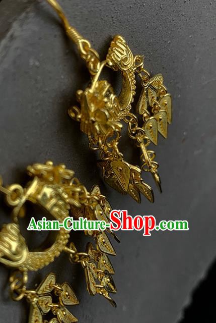 China Handmade Ancient Queen Earrings Traditional Ming Dynasty Golden Dragon Head Ear Jewelry