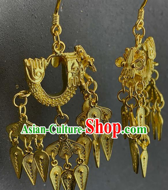 China Handmade Ancient Queen Earrings Traditional Ming Dynasty Golden Dragon Head Ear Jewelry