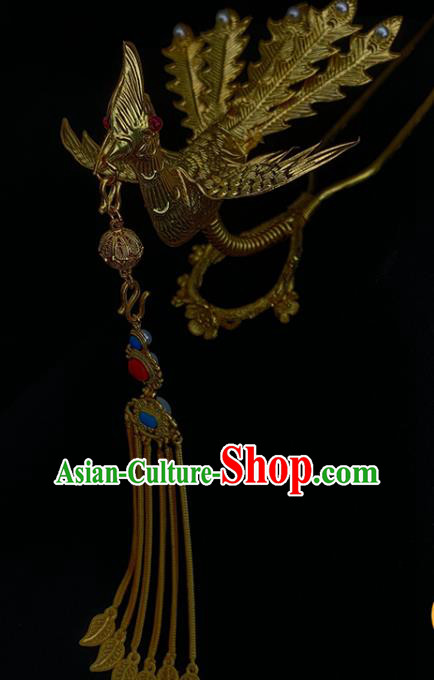 Chinese Ancient Queen Tassel Hair Stick Traditional Ming Dynasty Empress Golden Phoenix Hairpin