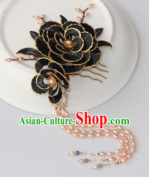 Chinese Ancient Princess Black Peony Hairpin Traditional Ming Dynasty Pearls Tassel Hair Comb