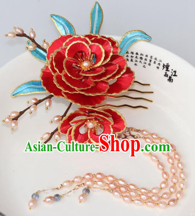 Chinese Traditional Ming Dynasty Pearls Tassel Hair Comb Ancient Princess Red Peony Hairpin
