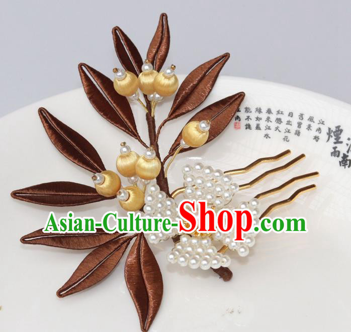 Chinese Ancient Young Lady Pearls Hairpin Traditional Ming Dynasty Brown Silk Leaf Hair Comb
