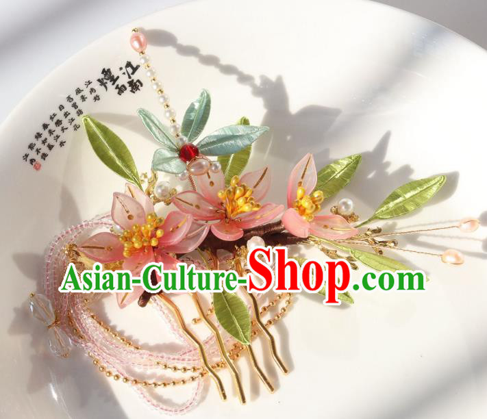 Chinese Ancient Hanfu Beads Tassel Hairpin Traditional Ming Dynasty Pink Flowers Hair Comb