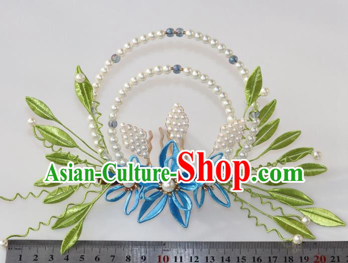 Chinese Ancient Hanfu Pearls Hair Comb Traditional Ming Dynasty Blue Silk Flowers Hair Crown