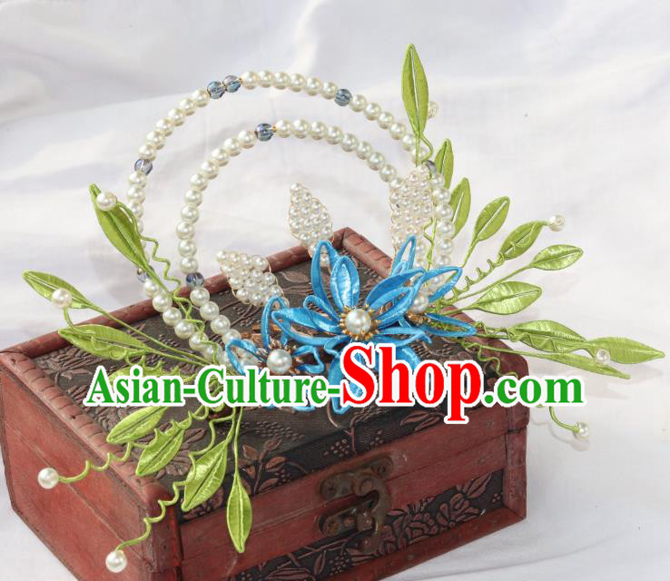 Chinese Ancient Hanfu Pearls Hair Comb Traditional Ming Dynasty Blue Silk Flowers Hair Crown